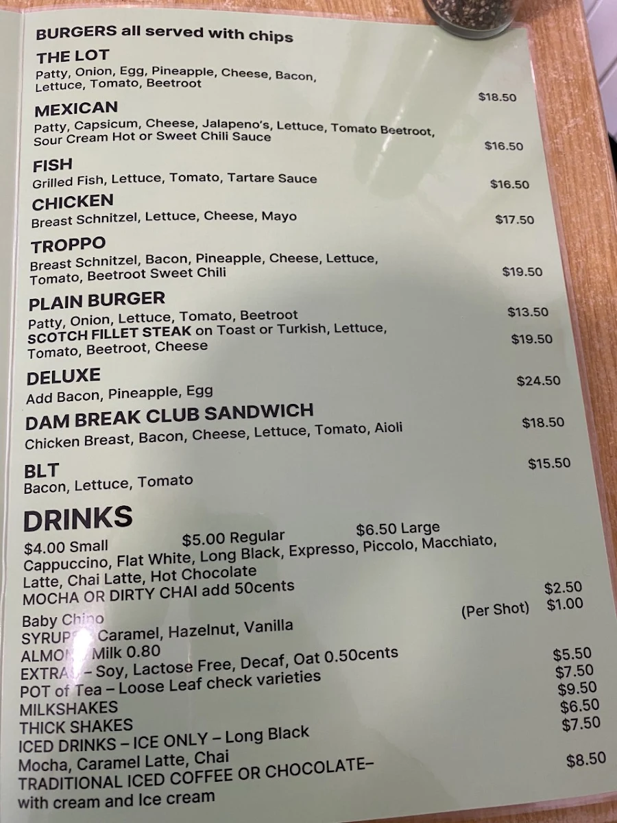 Menu, Warra Dam Bakery Cafe
