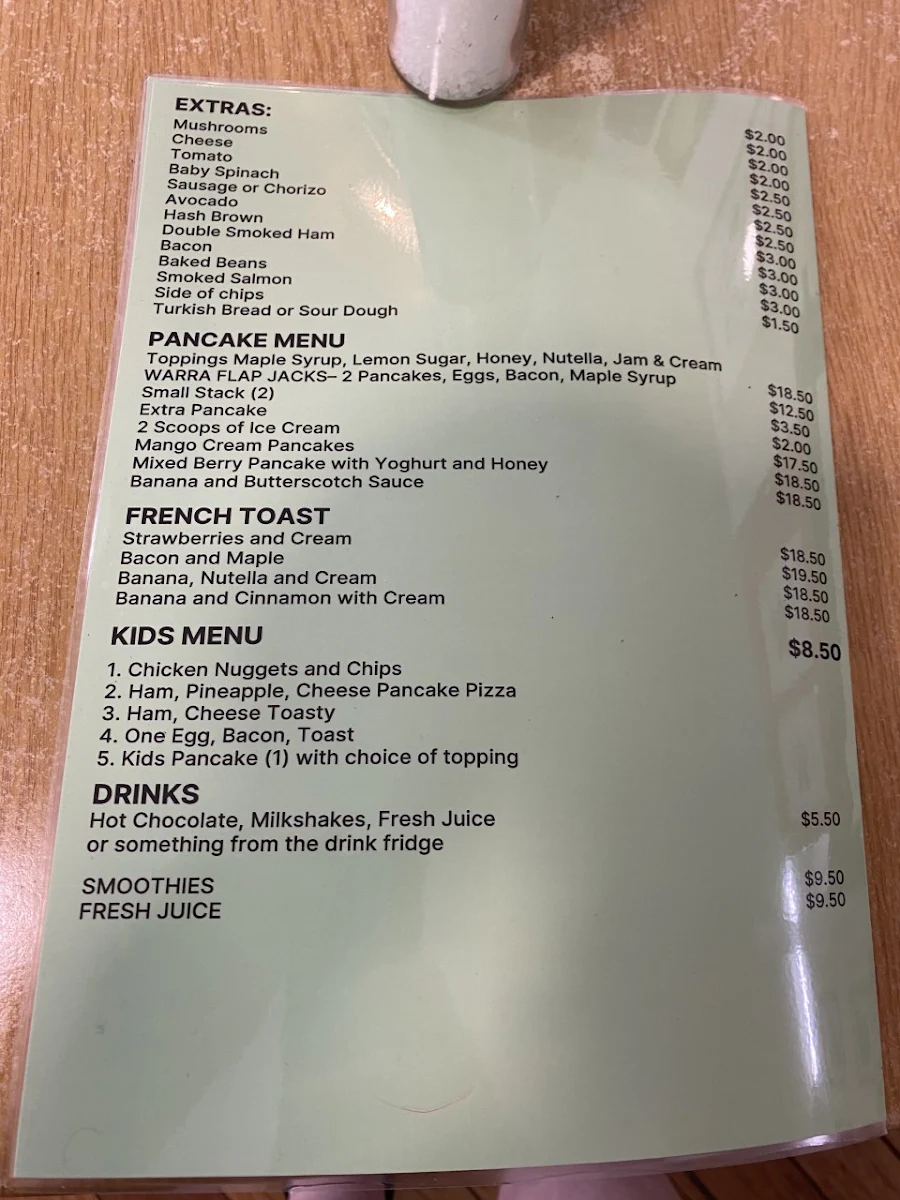 Menu, Warra Dam Bakery Cafe