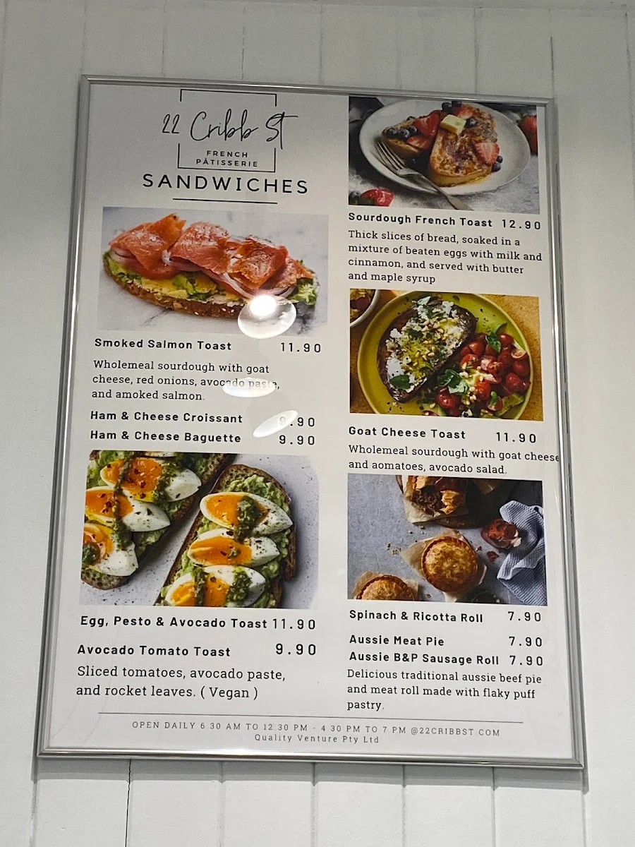 Menu, 22 Cribb St French Patisserie