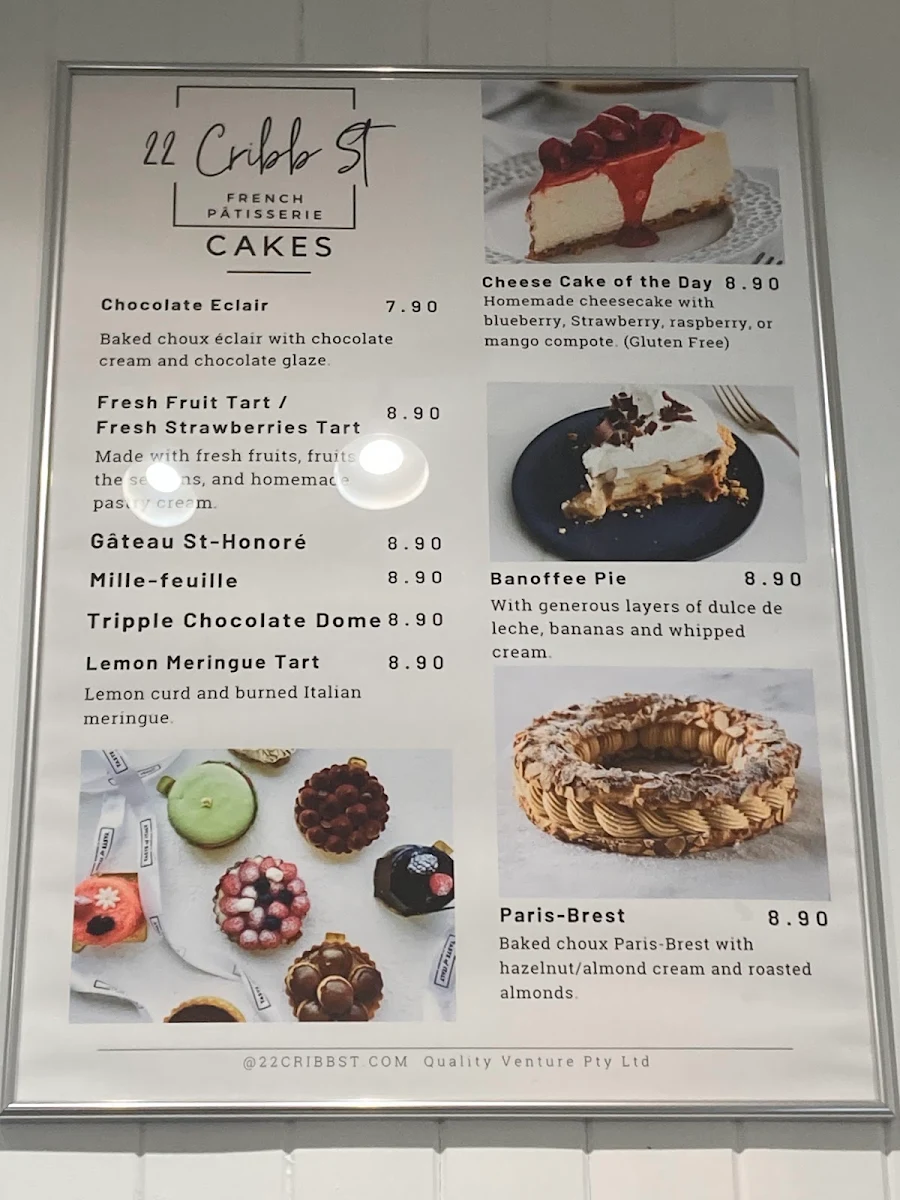 Menu, 22 Cribb St French Patisserie
