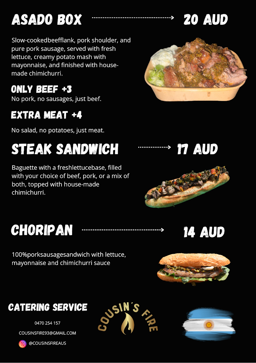 Menu, Cousins fire (ARGENTINIAN BBQ CATERING)