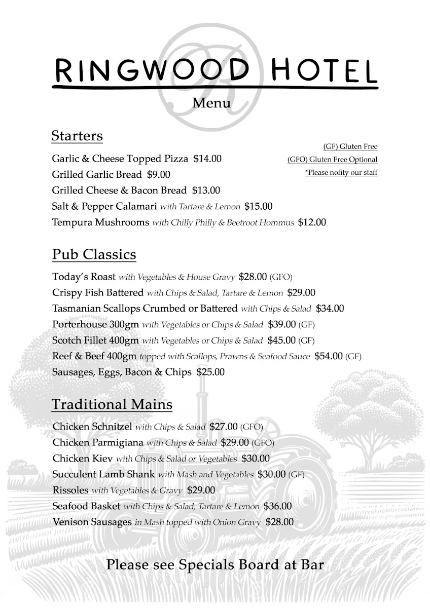 Menu, Ringwood Hotel