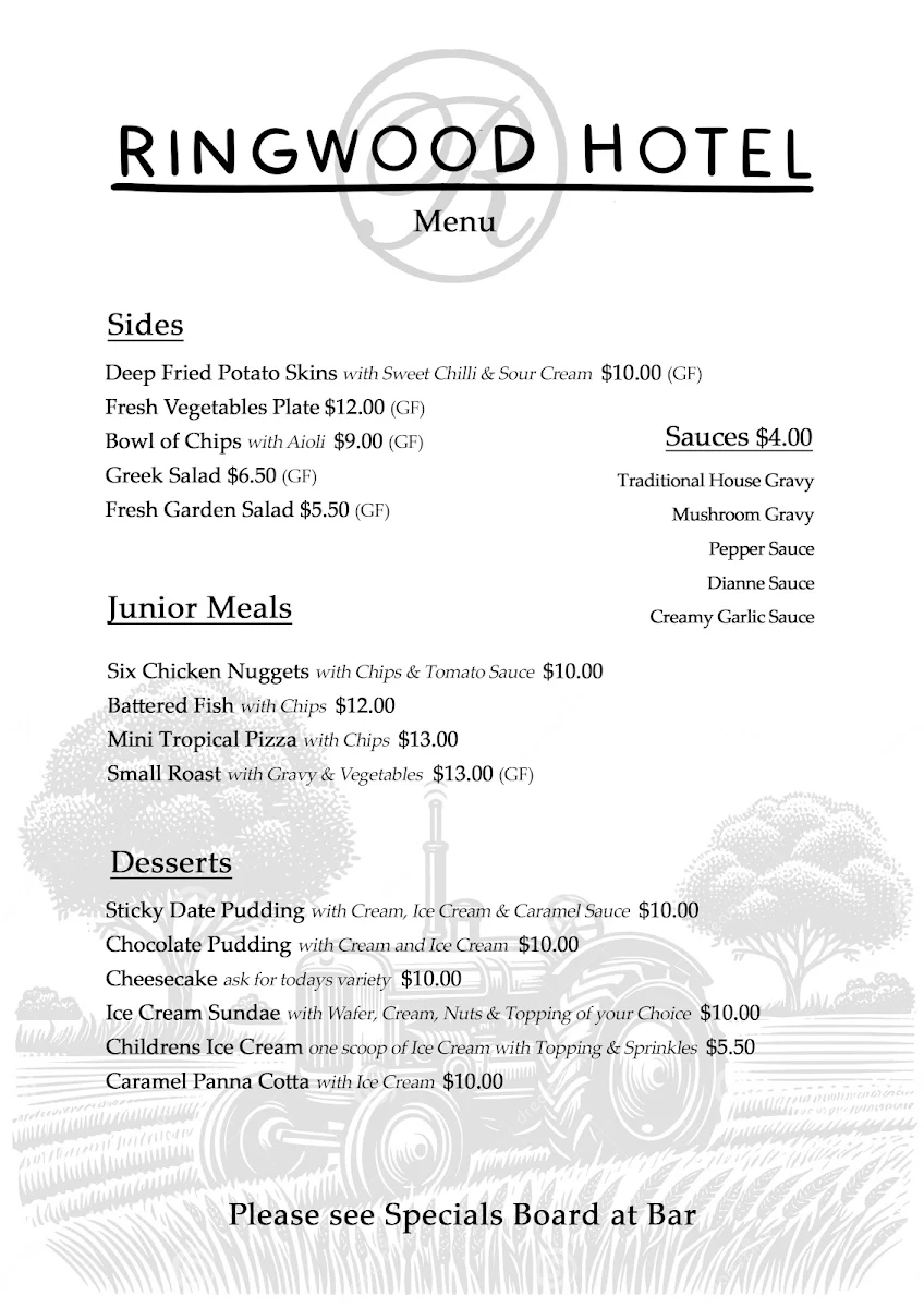 Menu, Ringwood Hotel