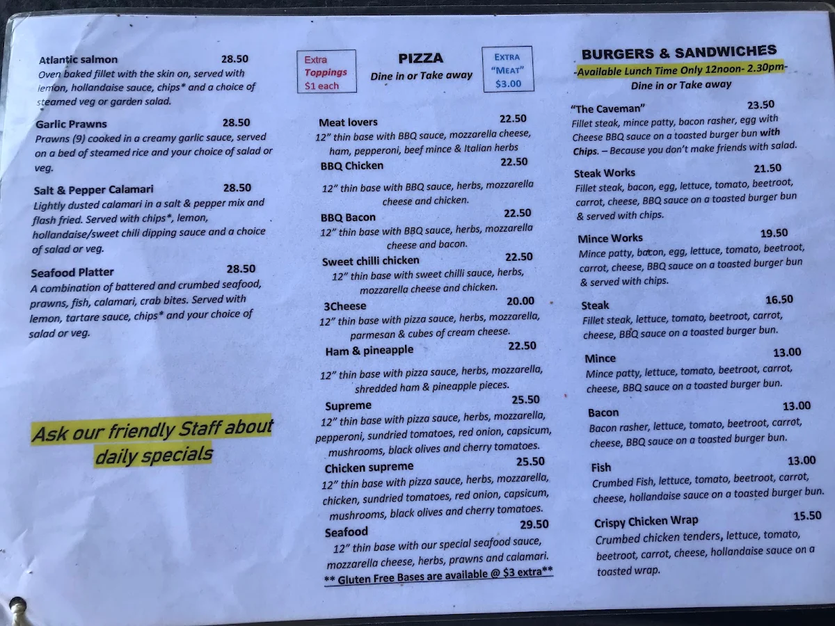 Menu, The Caves Hotel QLD