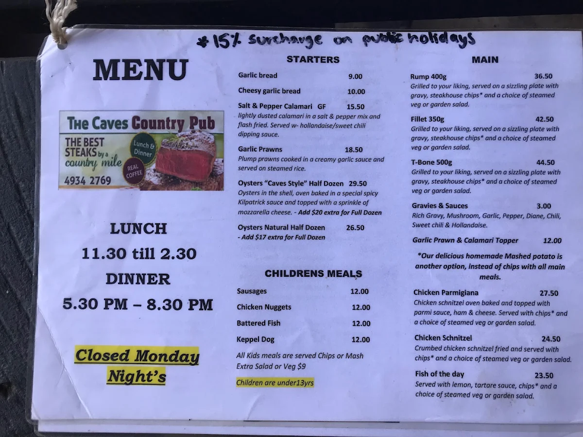 Menu, The Caves Hotel QLD