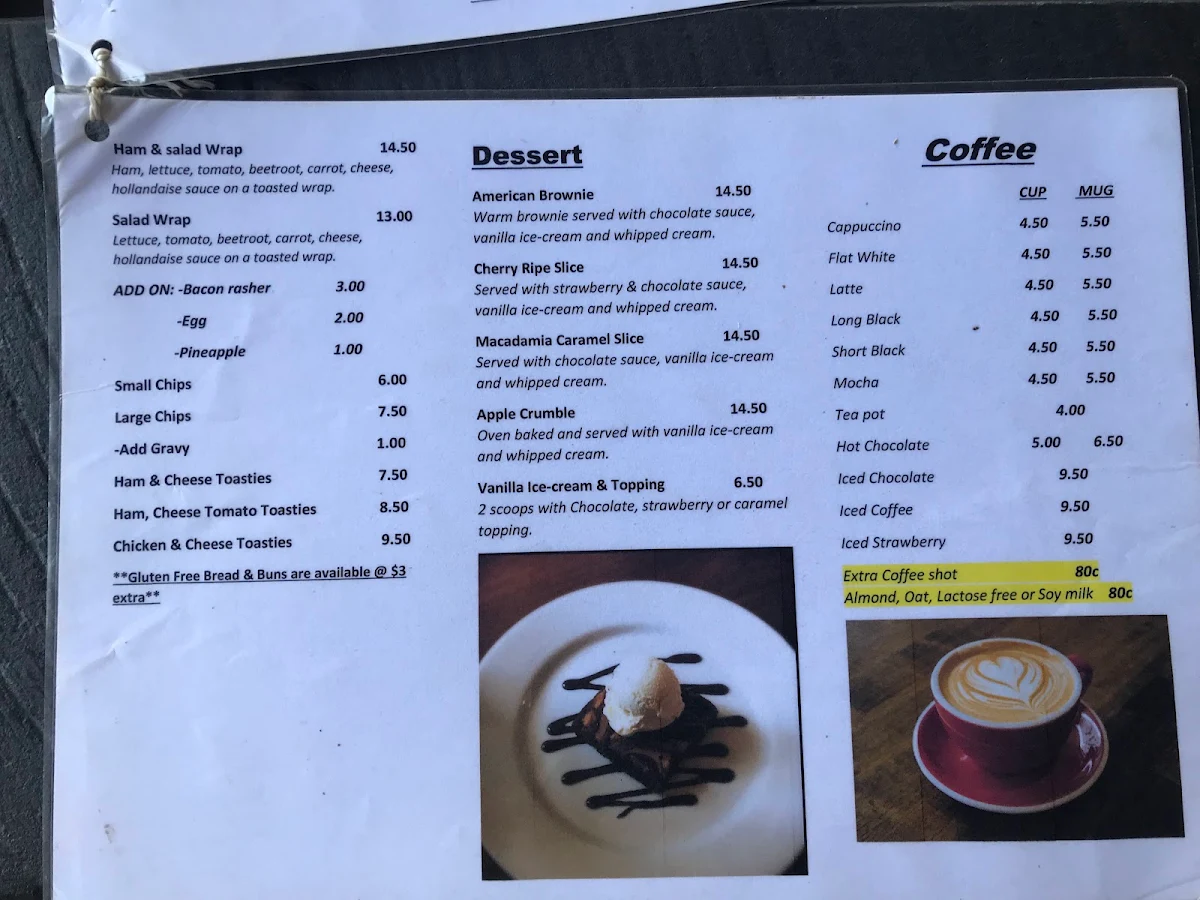 Menu, The Caves Hotel QLD