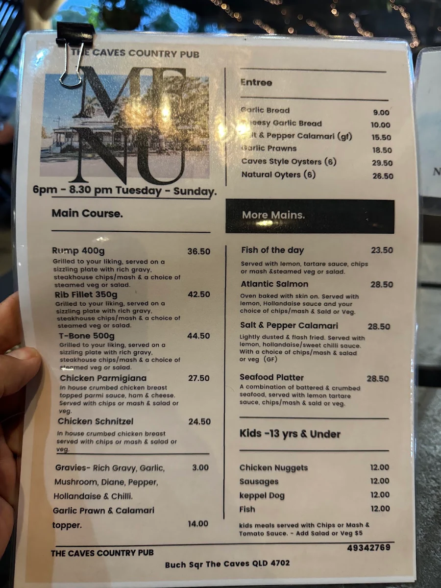 Menu, The Caves Hotel QLD