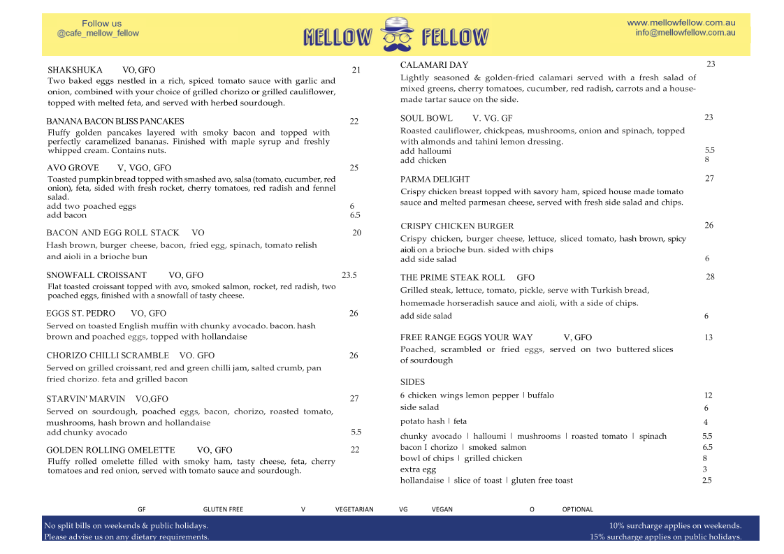 Menu, Café Mellow Fellow