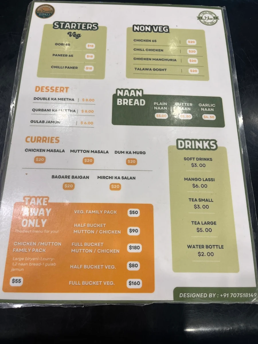 Menu, Pista House Wentworthville