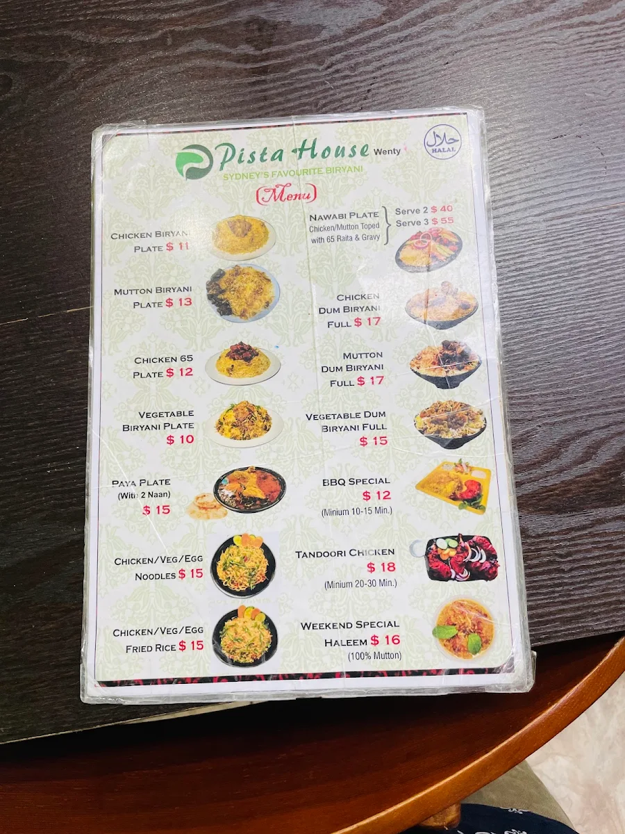 Menu, Pista House Wentworthville