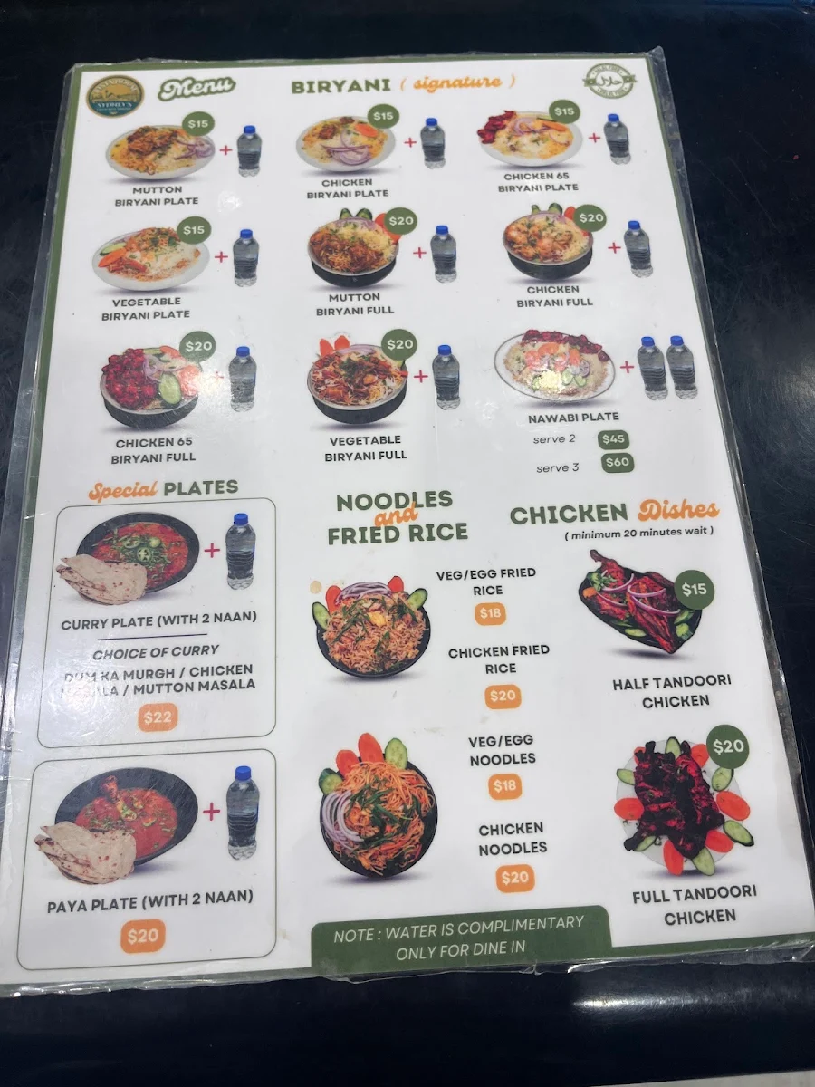 Menu, Pista House Wentworthville