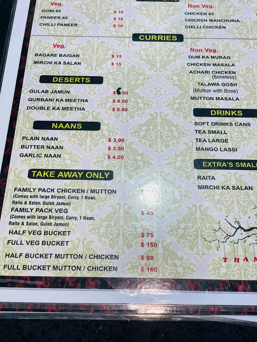 Menu, Pista House Wentworthville