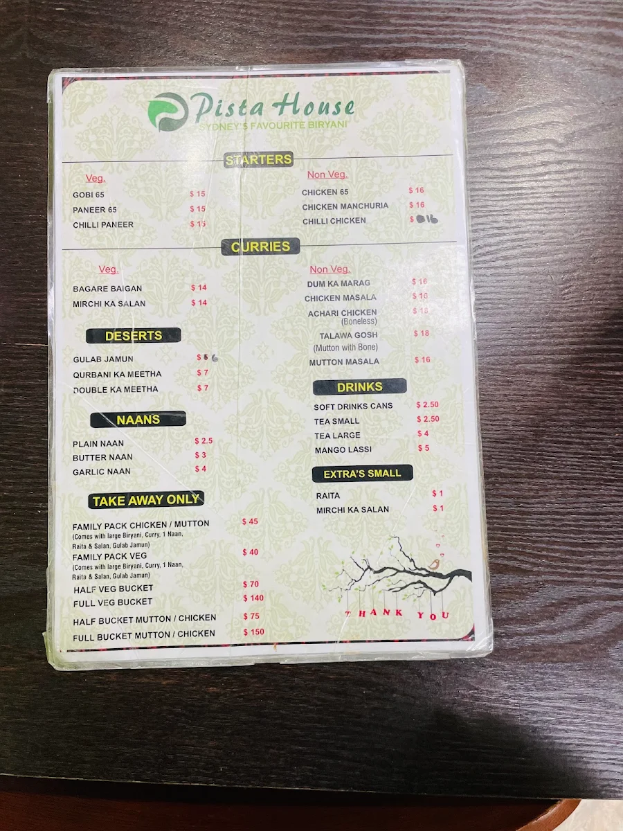 Menu, Pista House Wentworthville