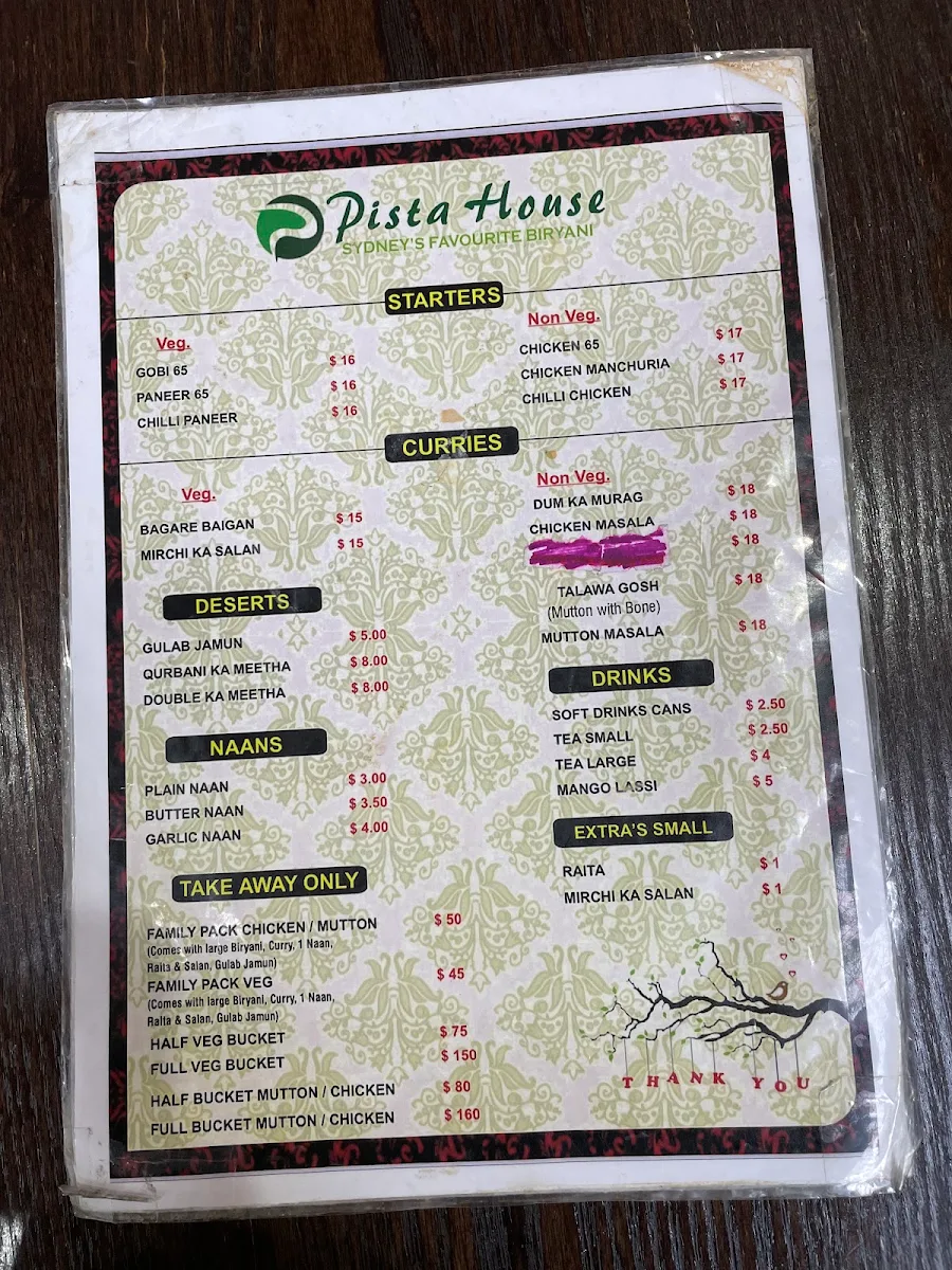 Menu, Pista House Wentworthville