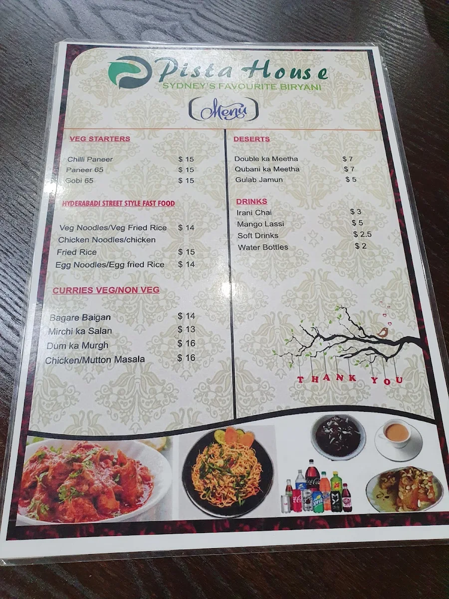 Menu, Pista House Wentworthville