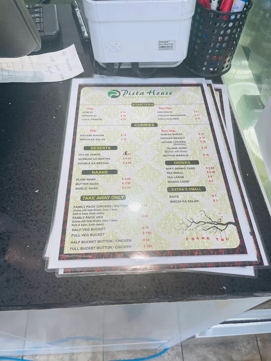Menu, Pista House Wentworthville