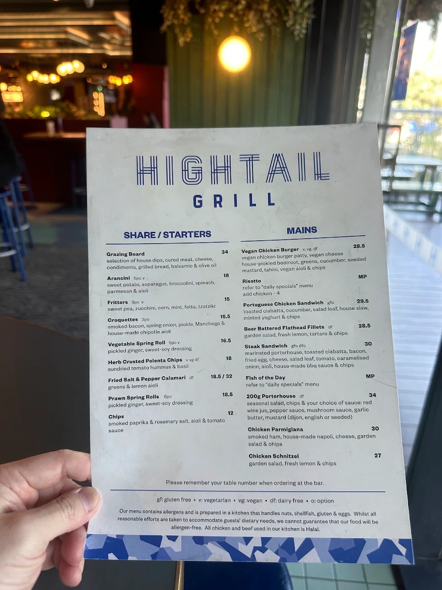 Menu, Hightail Bar