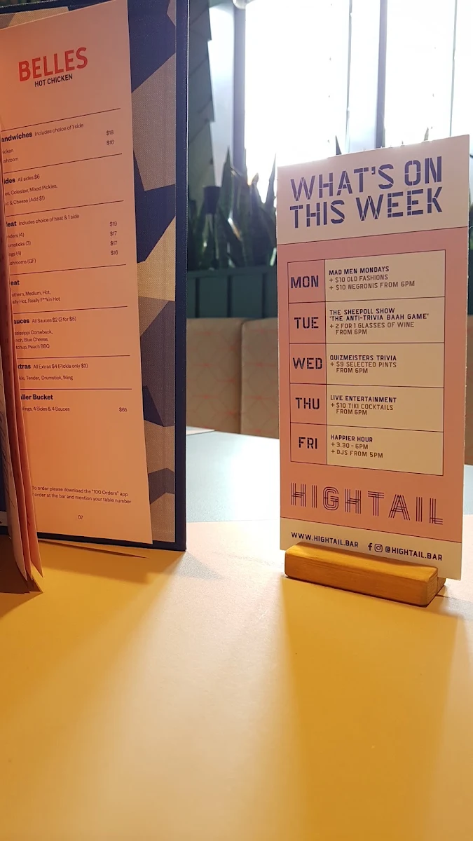 Menu, Hightail Bar