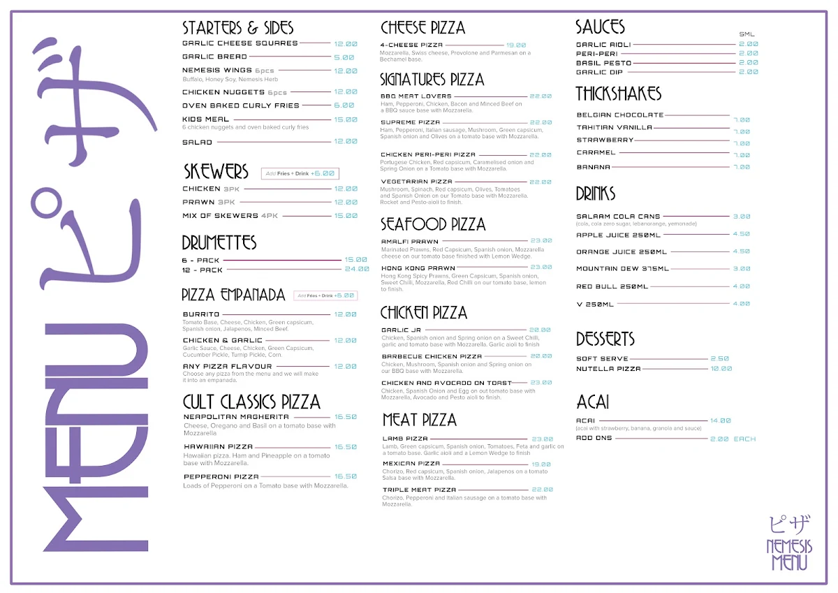 Menu, Nemesis Pizza Beverly Hills