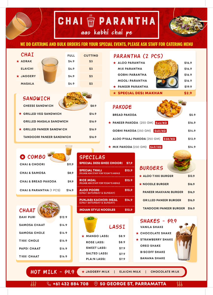 Menu, Chai Parantha - Pure desi chai, paranthe, snacks & tiffin service