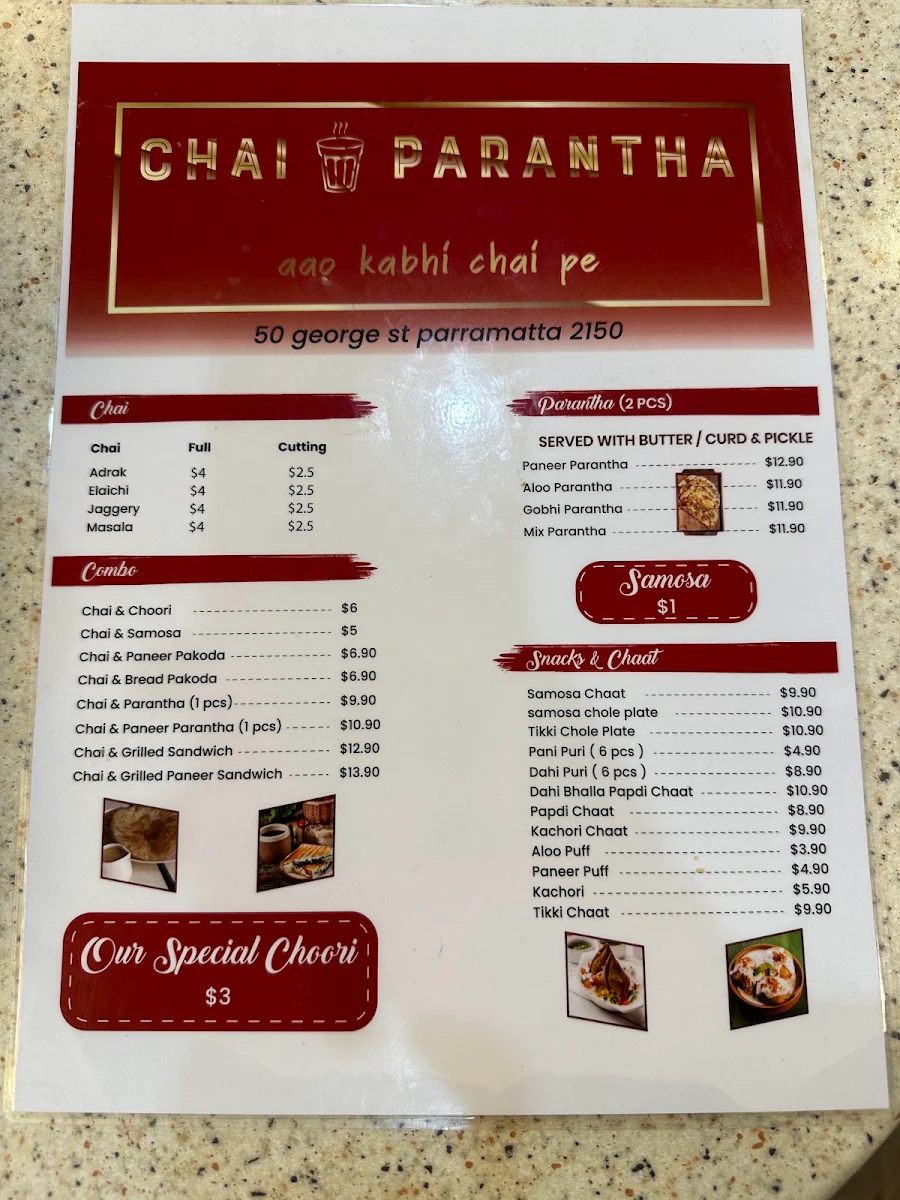 Menu, Chai Parantha - Pure desi chai, paranthe, snacks & tiffin service