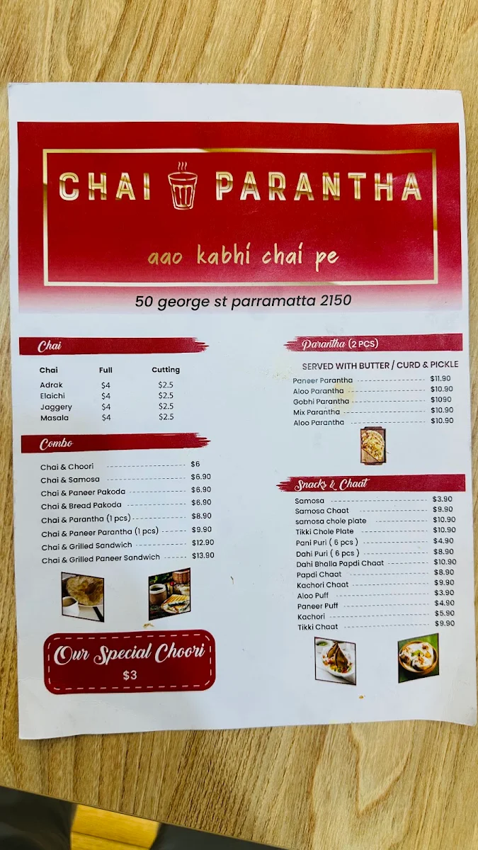 Menu, Chai Parantha - Pure desi chai, paranthe, snacks & tiffin service