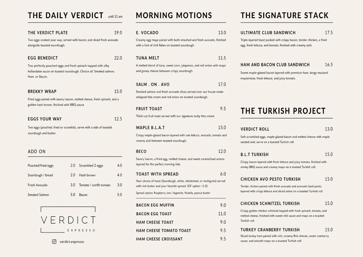 Menu, Verdict Expresso