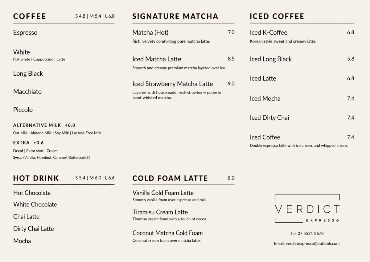 Menu, Verdict Expresso