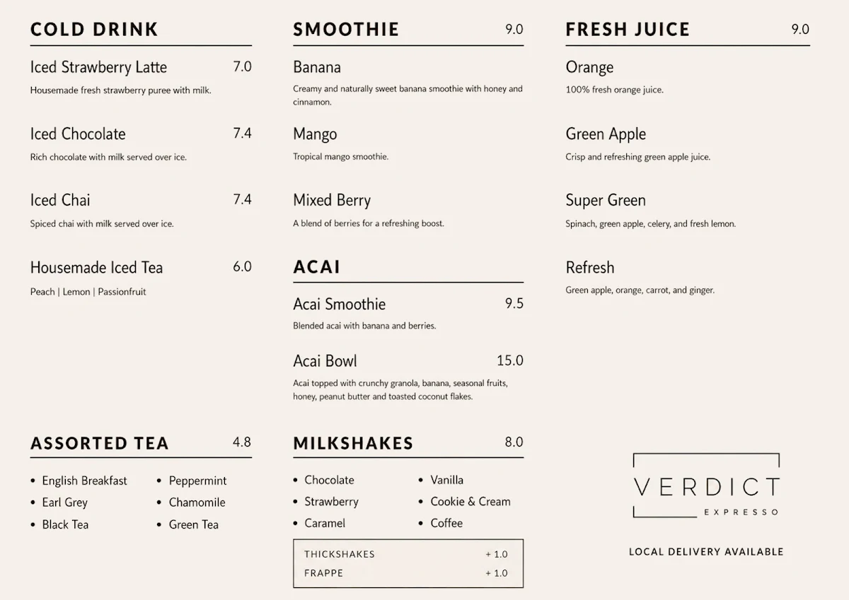 Menu, Verdict Expresso