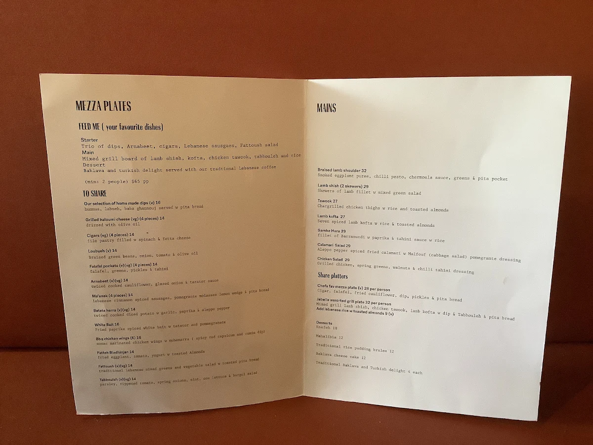Menu, Cafe Jabelle