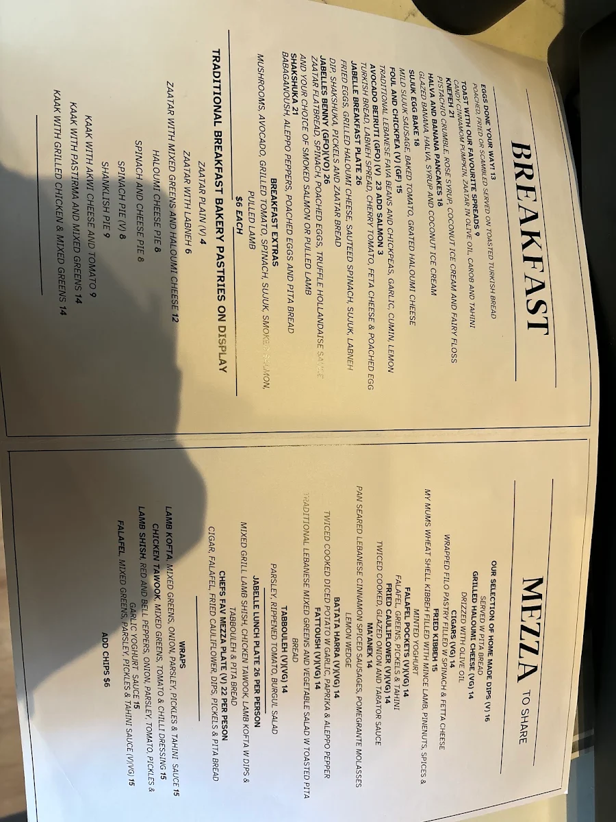 Menu, Cafe Jabelle