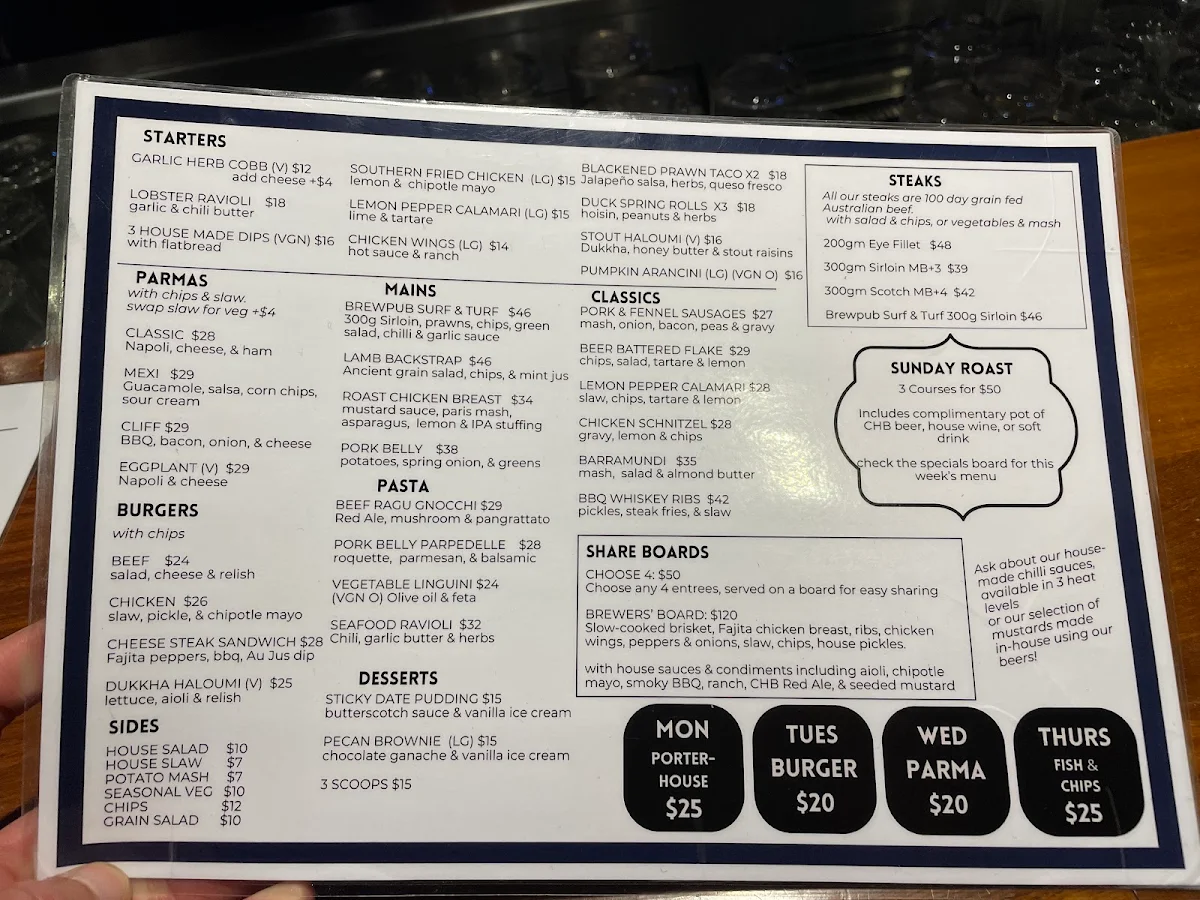 Menu, The Clifton Hill Hotel