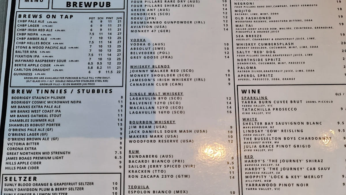Menu, The Clifton Hill Hotel