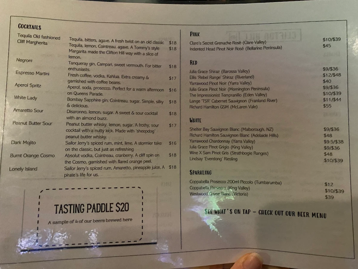 Menu, The Clifton Hill Hotel