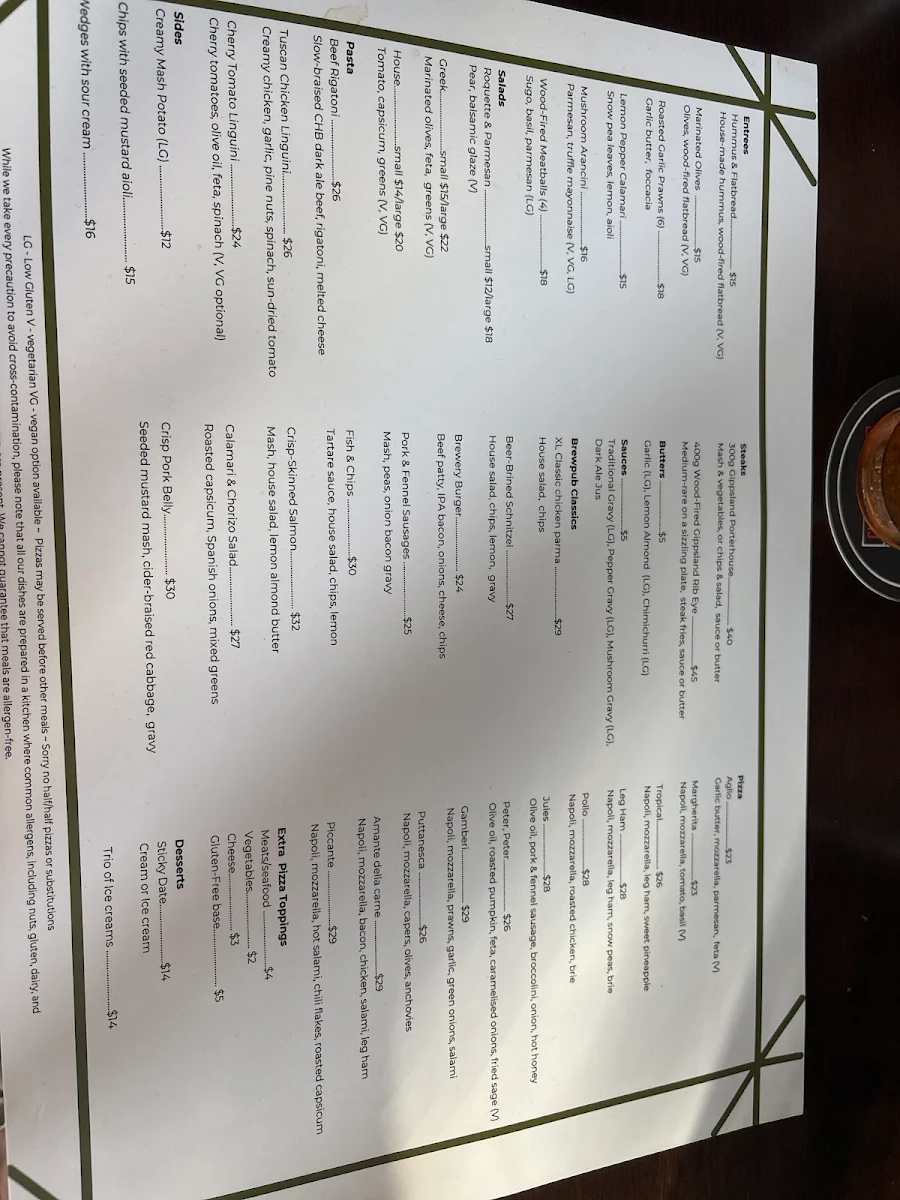 Menu, The Clifton Hill Hotel
