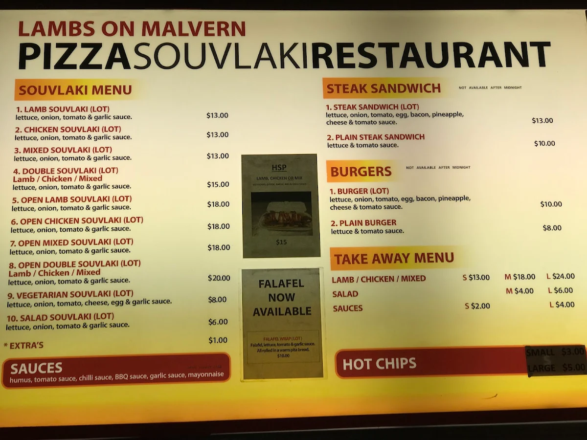 Menu, Lambs on Malvern