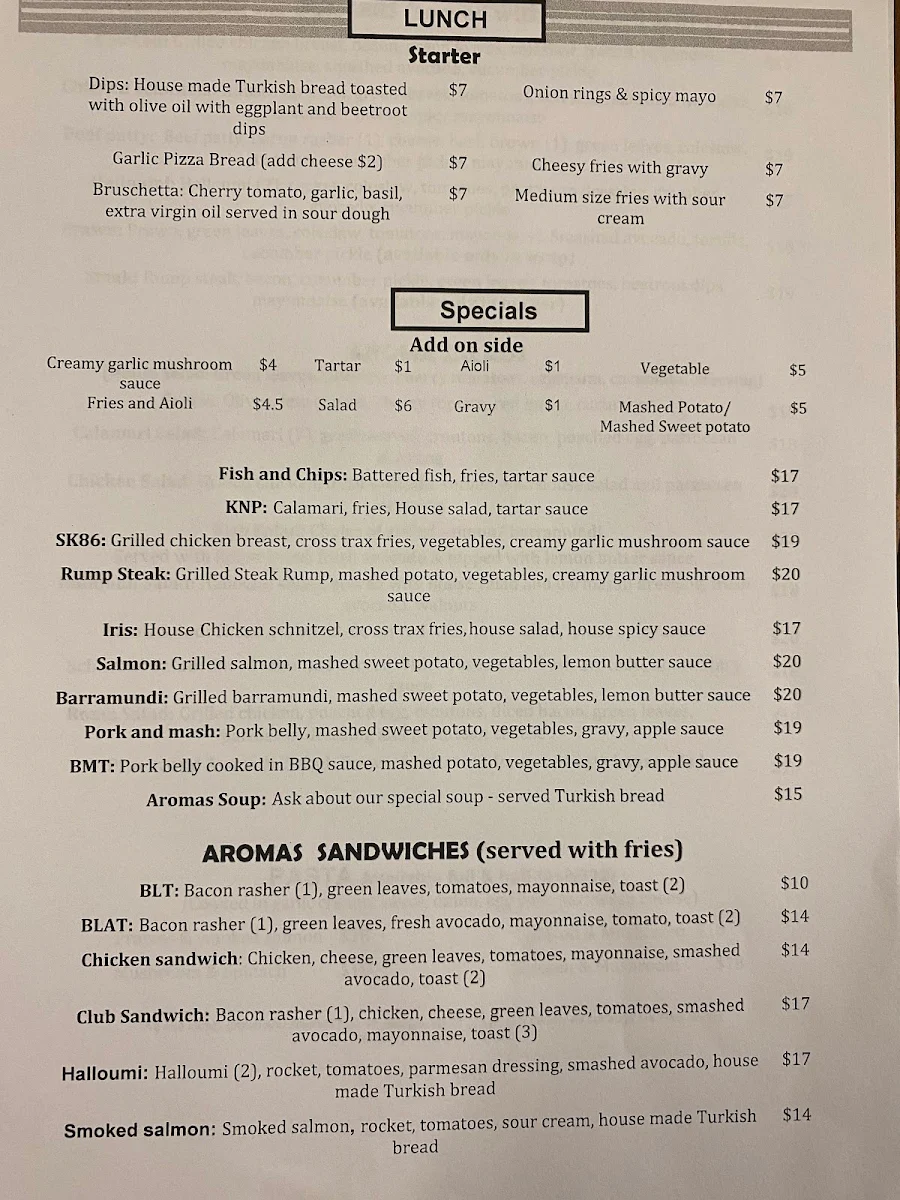 Menu, Aromas Cafe Toowoomba