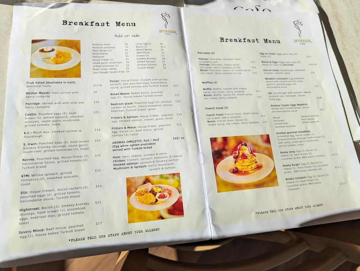 Menu, Aromas Cafe Toowoomba