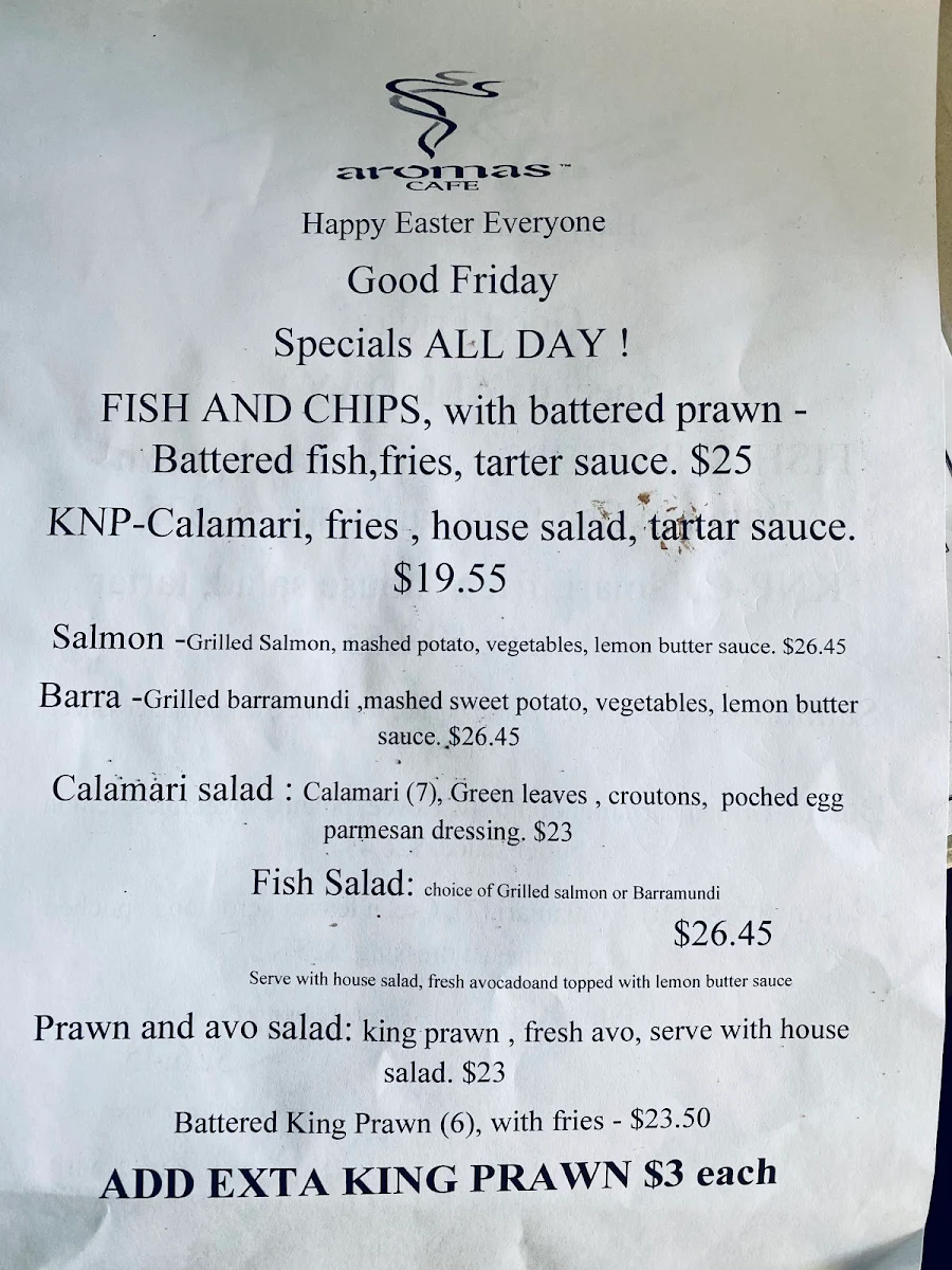 Menu, Aromas Cafe Toowoomba