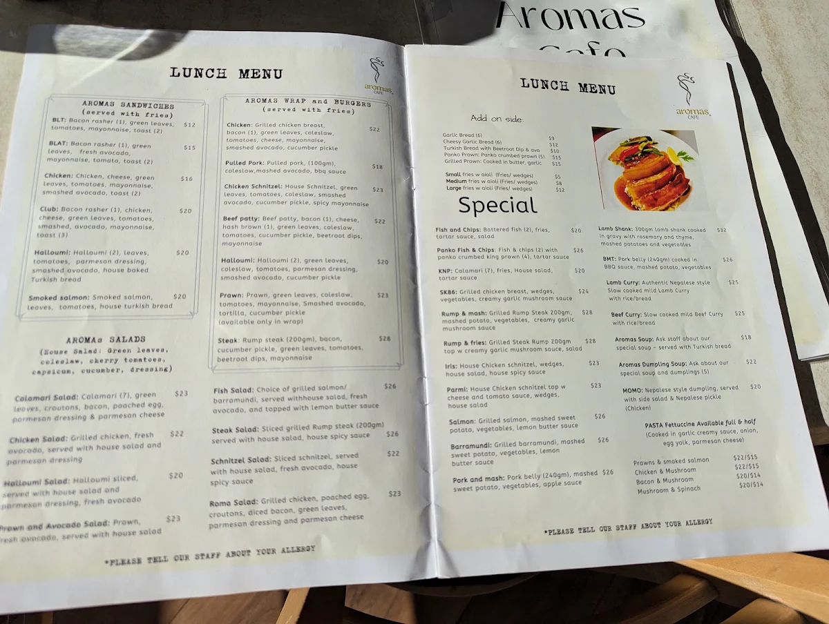 Menu, Aromas Cafe Toowoomba