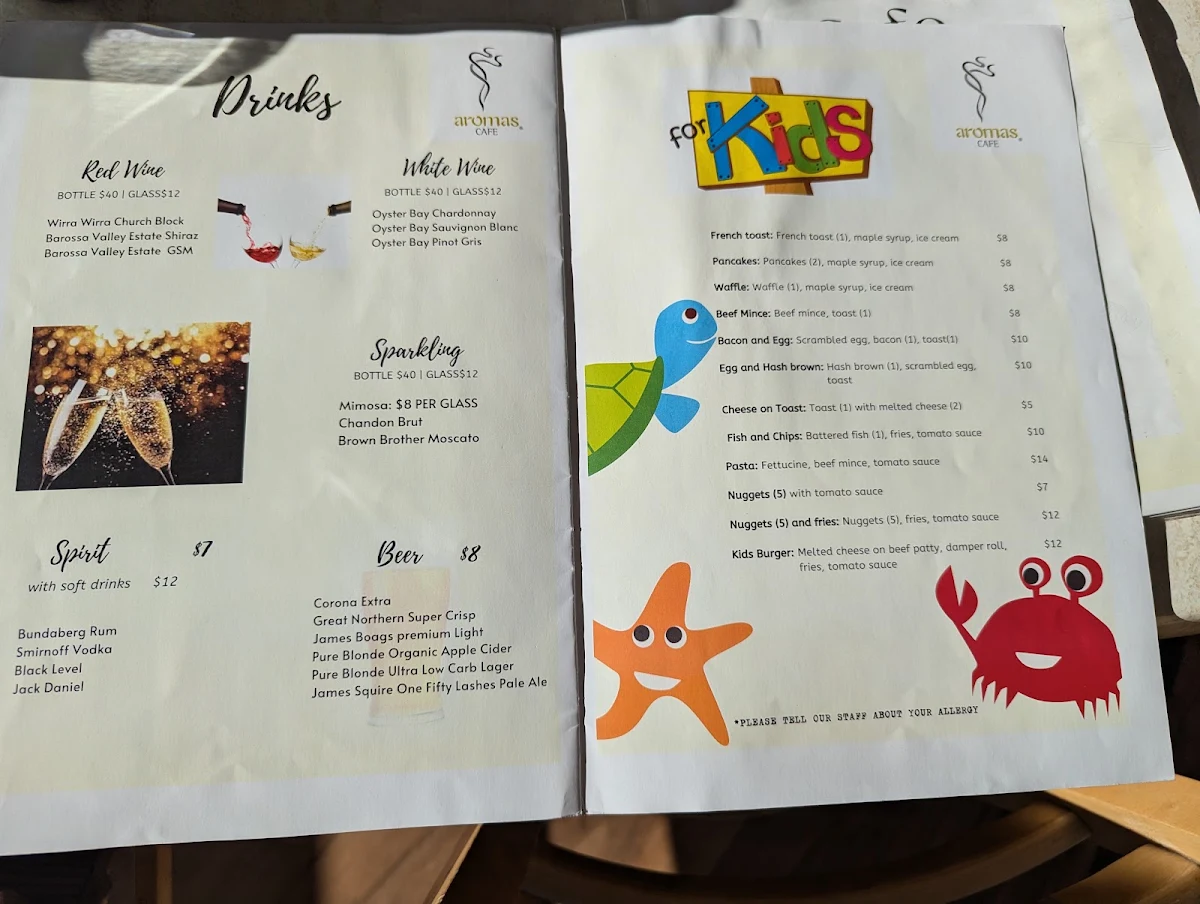 Menu, Aromas Cafe Toowoomba
