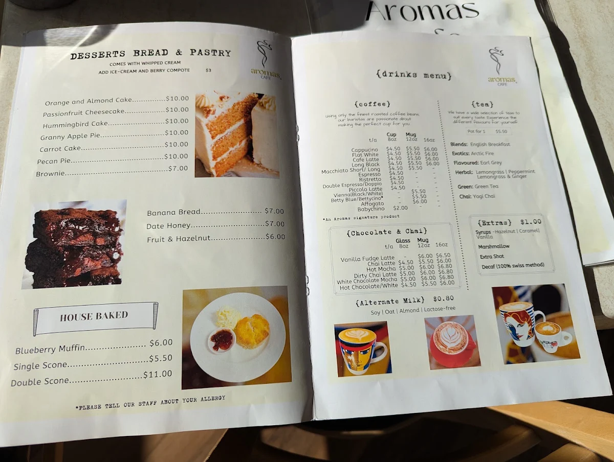 Menu, Aromas Cafe Toowoomba