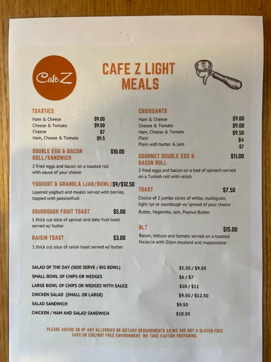 Menu, Cafe Z