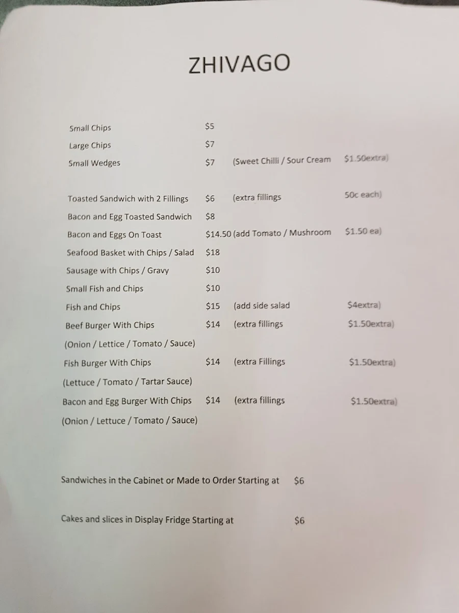 Menu, Zhivago Cafe