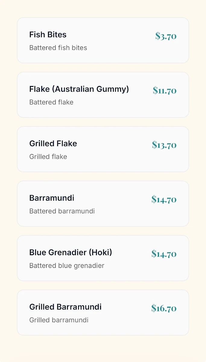 Menu, Derrimut Sea Catch Fish & Chips