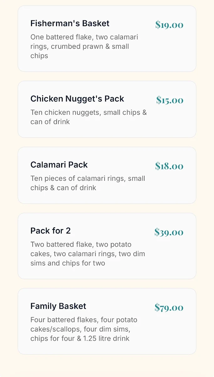 Menu, Derrimut Sea Catch Fish & Chips