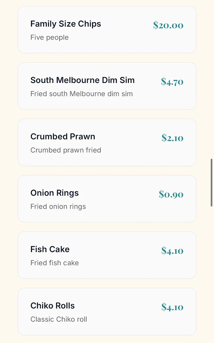 Menu, Derrimut Sea Catch Fish & Chips