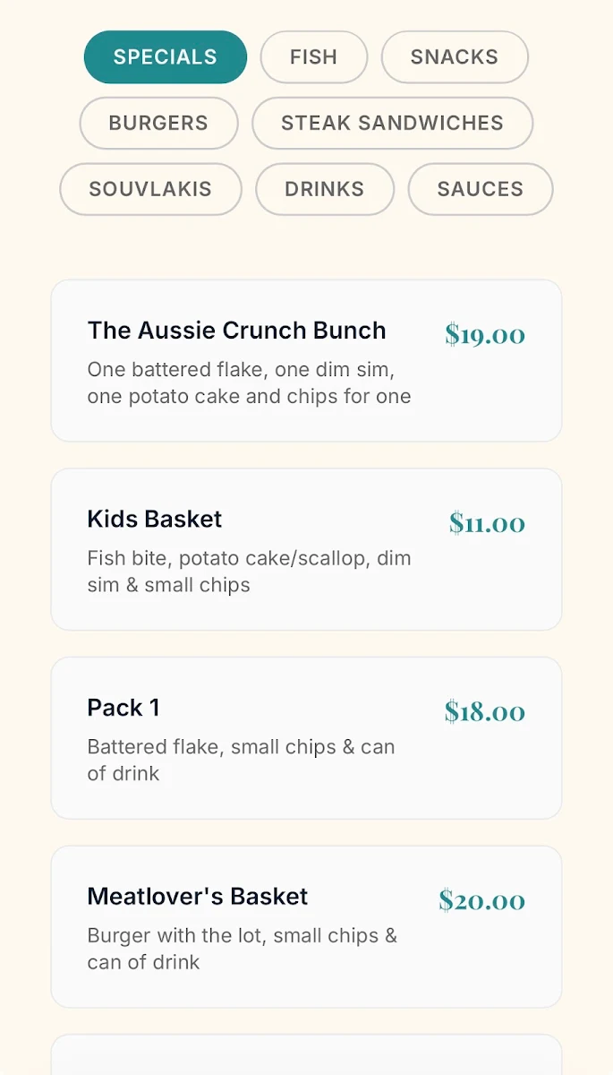 Menu, Derrimut Sea Catch Fish & Chips