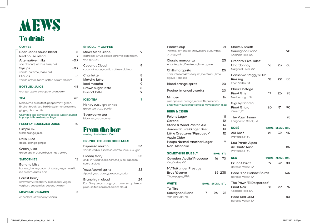 Menu, Mews