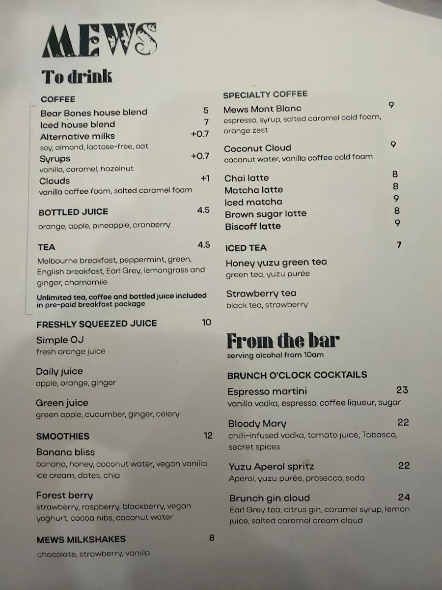 Menu, Mews